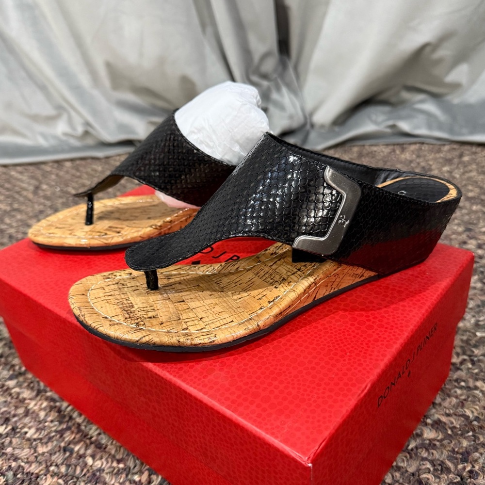 Donald J. Pliner Black and Tan Wedge Sandals